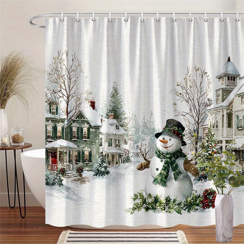 TEMU 1 rideau de douche extra-large de neige et de Noël - Décoration vintage pour salle de bain avec maisons victoriennes, clocher d'église et arbre