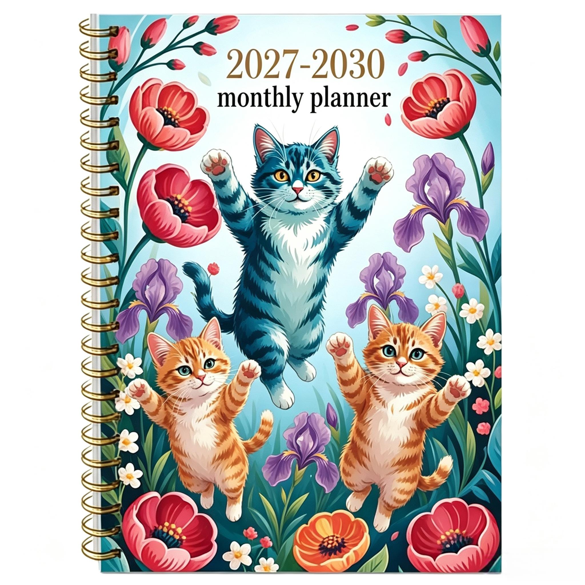 TEMU Plan/ de Calendario Mensual 2027-2030 - 2027 a 2030, Planificador Mensual de Años, Diseño de Cubierta de Diario con Tema Divertido de Gato y