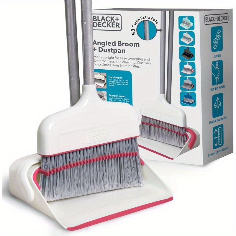 butler   broom and dustpan set - heavy-duty cleaning system with ergonomic stand, lightweight & space-saving combo for hardwood, tile, carpet floors - ideal for kitchen, living room, bathroom, hallway - white & pink with red accent - compatible with angle broom (not included) - ideal for home, office, apartment cleaning Product details 0