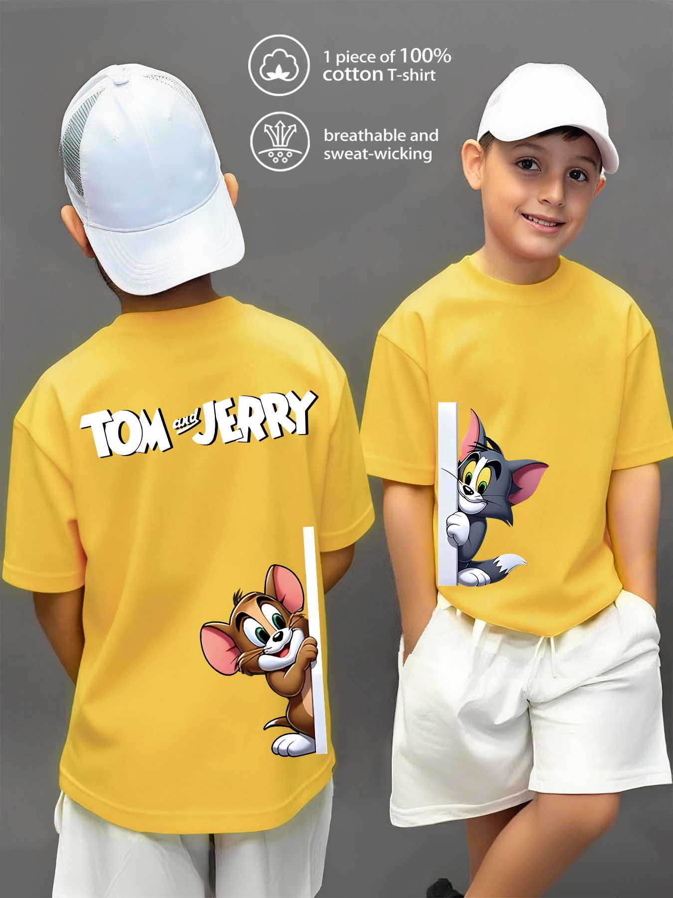 100% Pure Knitted Short-Sleeve T-Shirt, Breathable And Sweat-Absorbing, a Casual And Versatile Round-Neck Short-Sleeve Top for Boys, Featuring a Cute TOM And JERRY Cartoon Print, Machine Washable - Available in 10 Options, Sweat-Resistant