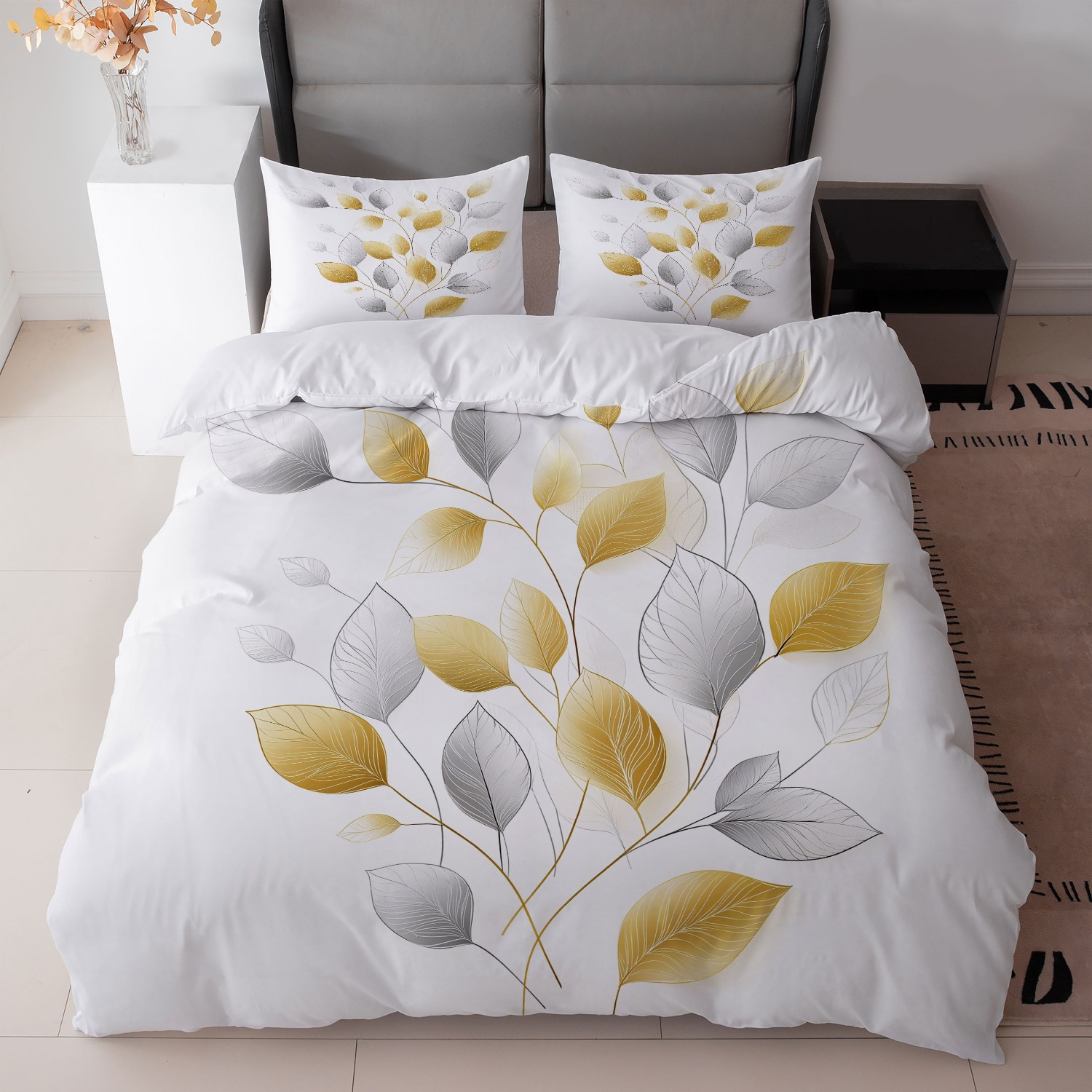 TEMU 3pcs Modern White Bedding With Yellow And Gray Leaf Print (1 Duvet Cover And 2 Pillowcases, Core Not Included) For Bedroom