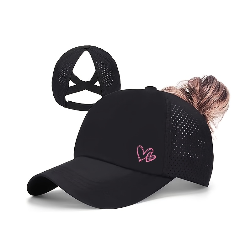 TEMU 1pc Unisex Baseball Cap With Ponytail Hole & Crown/ - Breathable Mesh Hook & Loop Closure Cap Suitable For Outdoor, Gym,, Ponytail, Lightweight