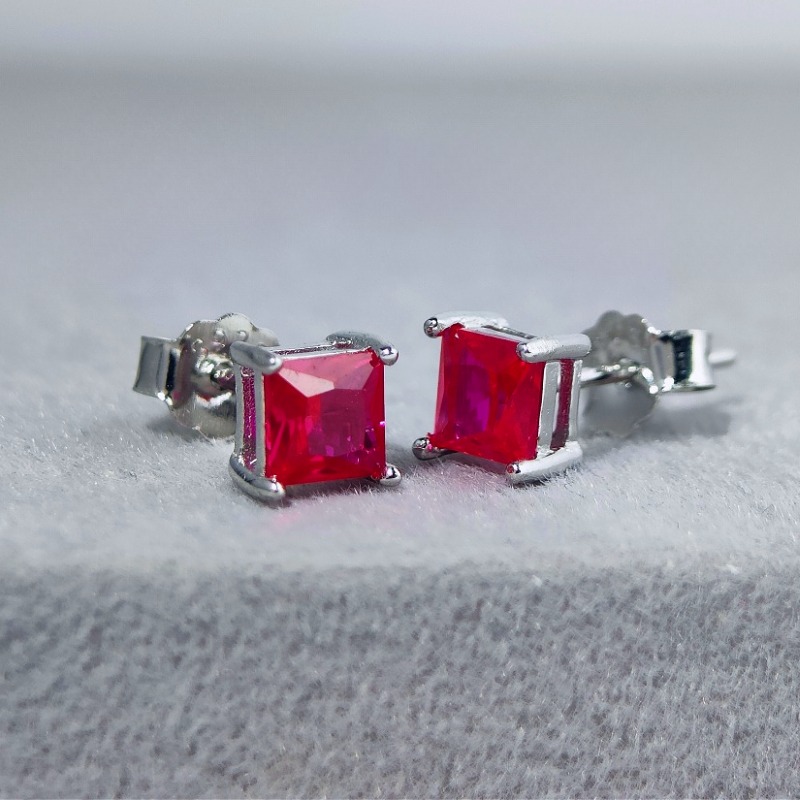 Women's 925 Silver Unique Square Synthetic Red Gemstone Earrings