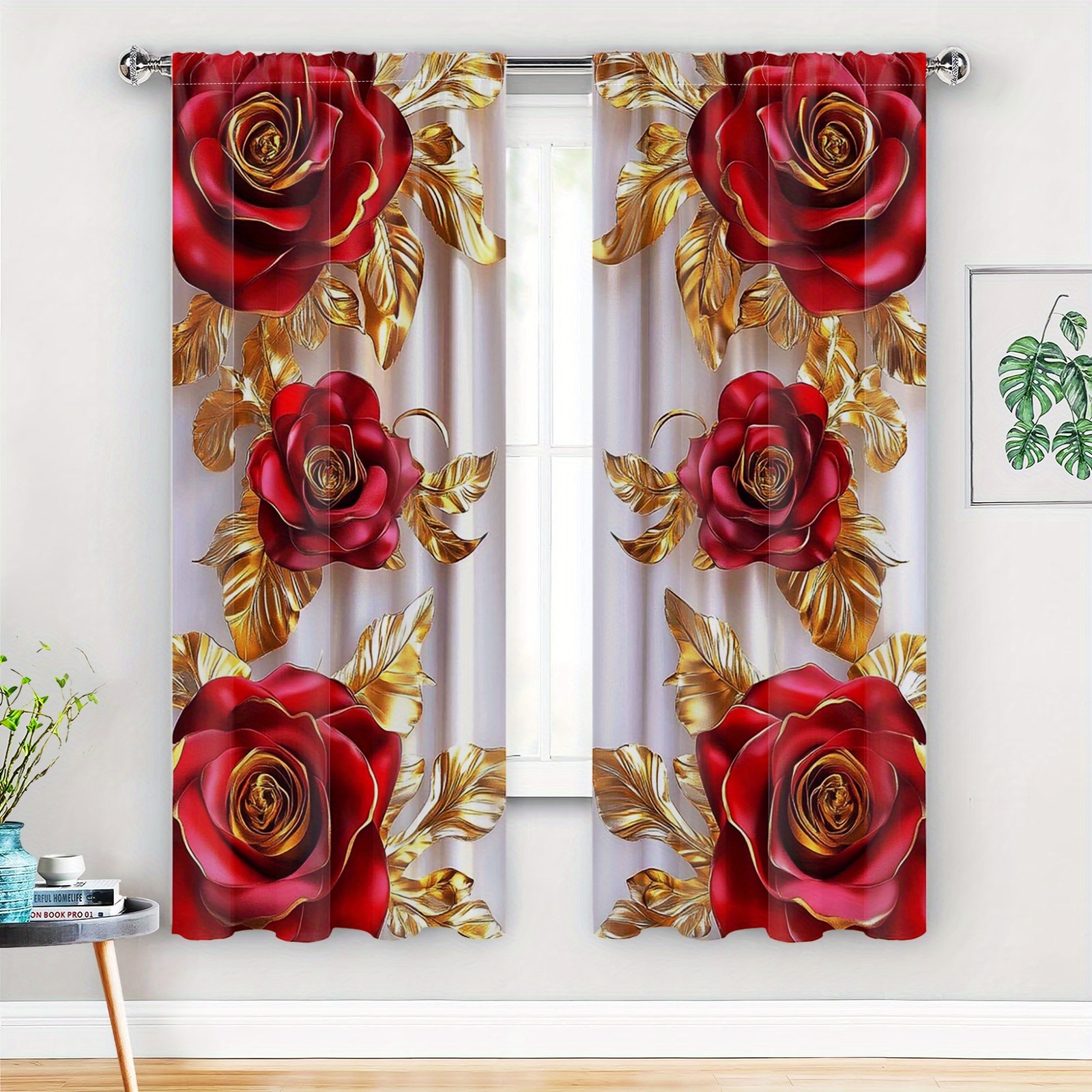 

2pcs Blackout Thermal Insulated Curtains, Polyester Luxury Drapes, With And Golden Blooming Roses, For Living Room And Bedroom