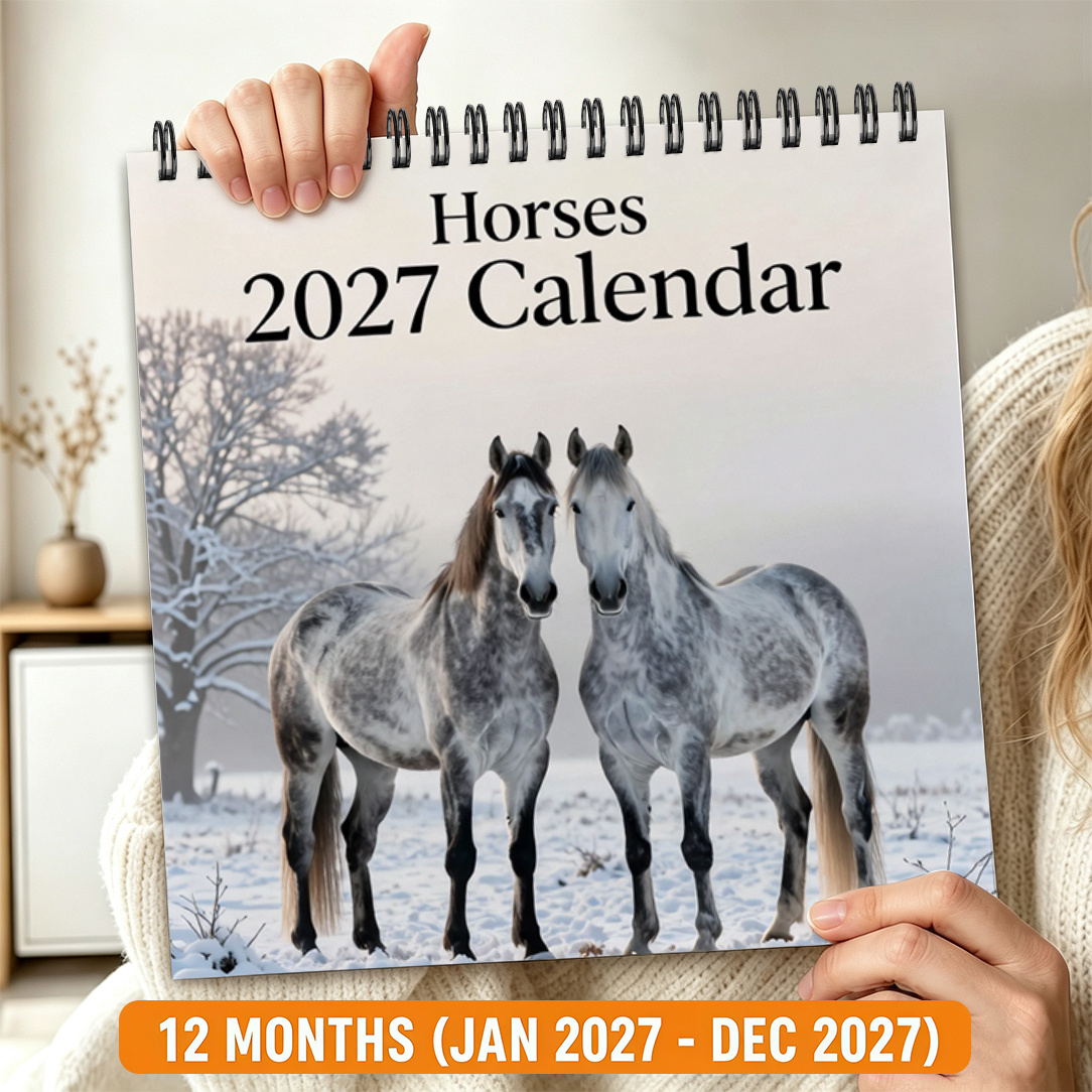 TEMU Calendrier plat 2D 1pc, Calendrier mural, Calendrier de bureau, Motif d'hiver Horse, Style réaliste cool, Cadeau de Noël Nouvel An Hiver,