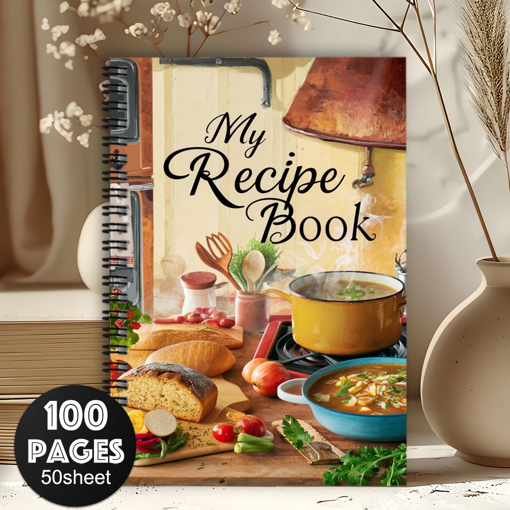 TEMU 1 Book Personal Vintage Spiral-bound Recipe Book & Journal - Undated Kitchen Planner With Cooking-themed Cover, Compact Rounded-corner Cookbook