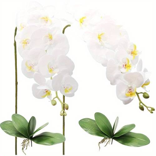 4pcs set of artificial orchids 2pcs of simulated silk orchid flowers and 2pcs of simulated leaves flowers are suitable for wedding bouquet center decoration flower art decoration home decoration