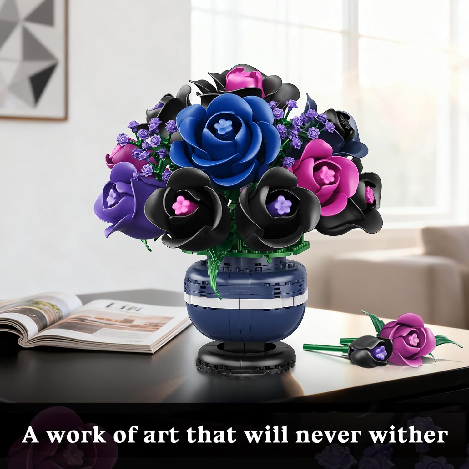 Image of Flowers Botanicals Building Set - Artificial Purple Black Rose Bonsai Plant For Home Decor, 507pcs Artificial Flowers Building Set Indoor Gothic Decoration