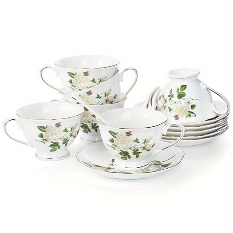 6oz porcelain ivory floral tea cup and saucer set with   - elegant latte cups and espresso mug for coffee drinks,   home or restaurant use,   tea set|floral pattern cups|durable porcelain Product details 6