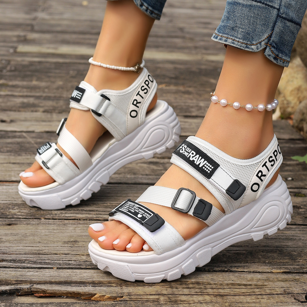 Women'S Comfortable Open-Toe Sandals with Thick Sole and Adjustable Straps - Stylish White Synthetic High Heels for Casual Wear, Strappy Sandals