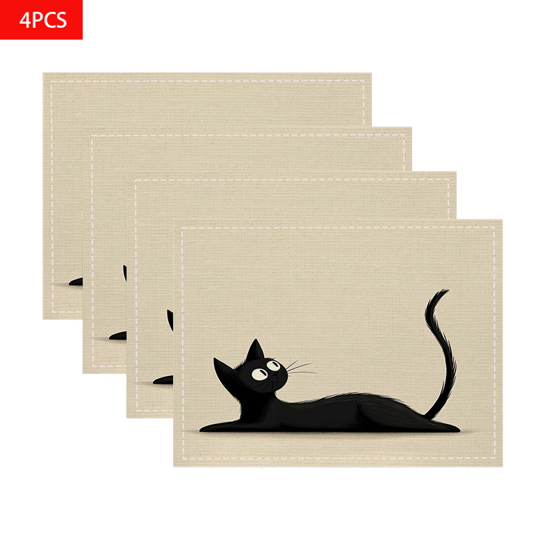 2/4/6/8pcs Black Cat With Swishing Tail Printed Placemats, Festive Table Mats, Kitchen Tableware, Party Decorations, Decorative Additions, Tableware Mats For Room Decor, Table Decoration Additions