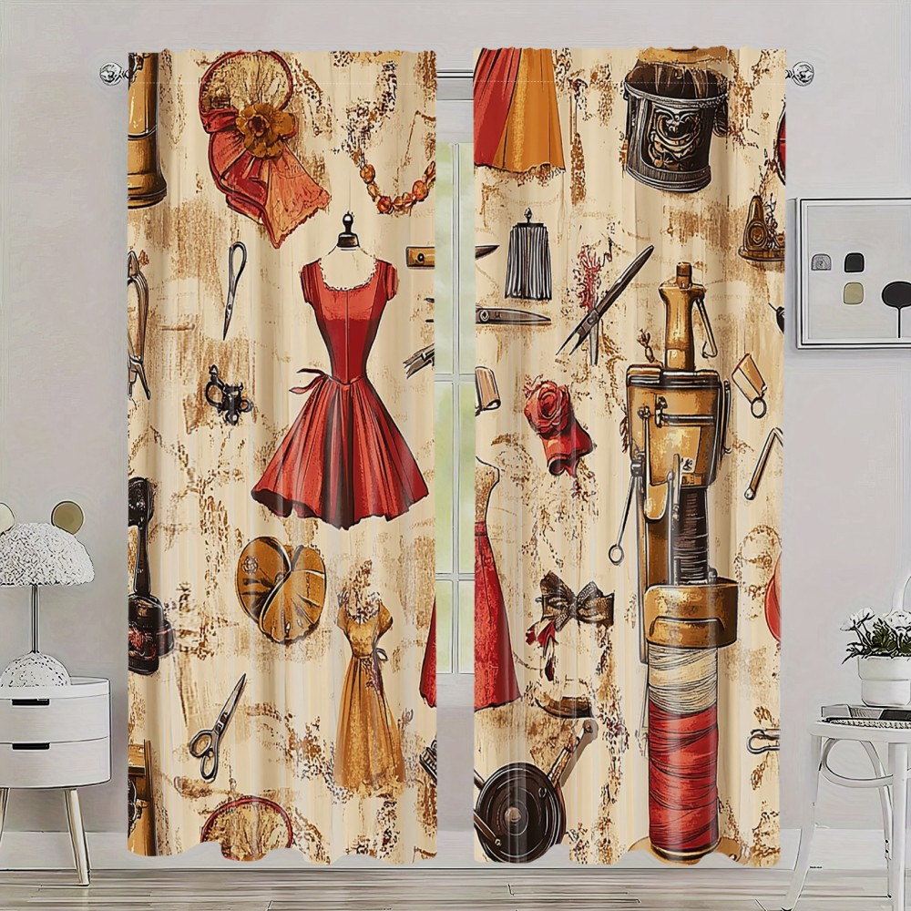 TEMU 2pcs Room Curtains Vintage Sewing Machine Curtains - Retro Bowknot And Dress Design With Brown Orange Graffiti For Room Decor 21.65x59/