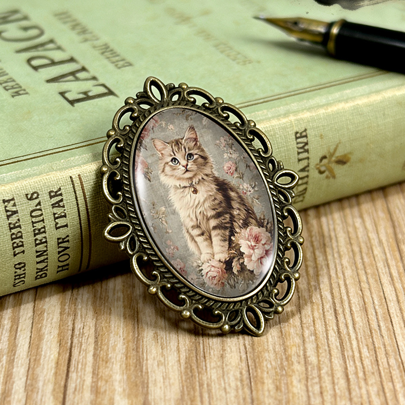 TEMU 1pc Broche Chat à Poils Longs Floral, Broches en Verre Ovale avec Bordure en Dentelle, Accessoire Idéal pour Vêtements et Sac à Dos