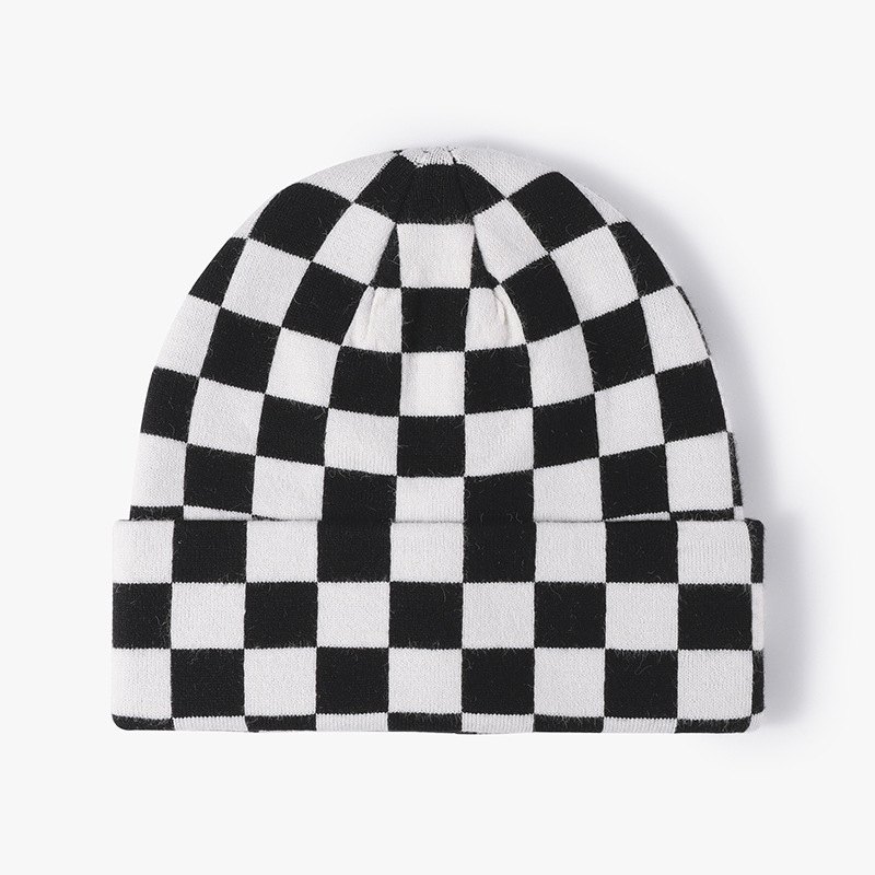 

1pc Ladies' Novelty Checkered Knit Beanie Hat - Acrylic, Themed, Lightweight, Slim Fit, Christmas, Reversible Closure, Warm