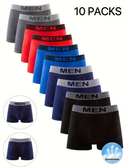 10 pc mens solid color elastic boxer briefs random mixed colors comfortable quick drying and breathable mens underwear stylish and versatile ideal for daily wear featuring a comfortable and lettering designs