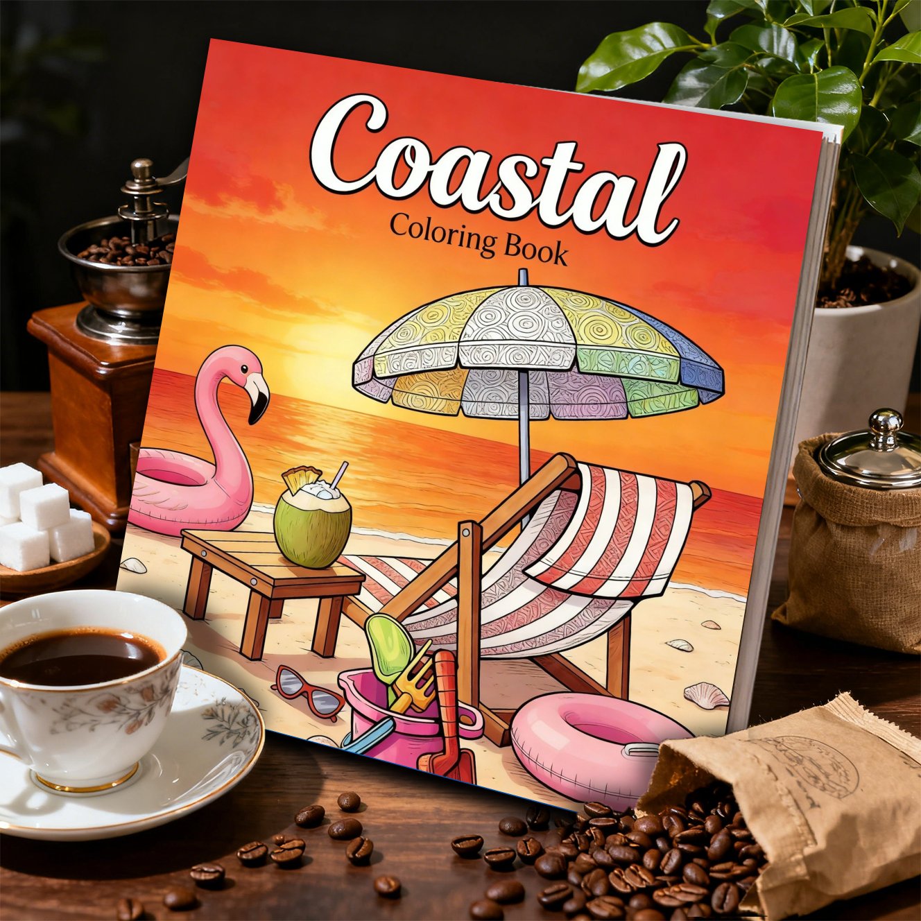 TEMU 1pc 20.5x20.5 Inch Adult Coloring Book, Designed For Women - Stress- Mandala Coastal Beach Scene Coloring Book, Featuring Flamingos, Beach