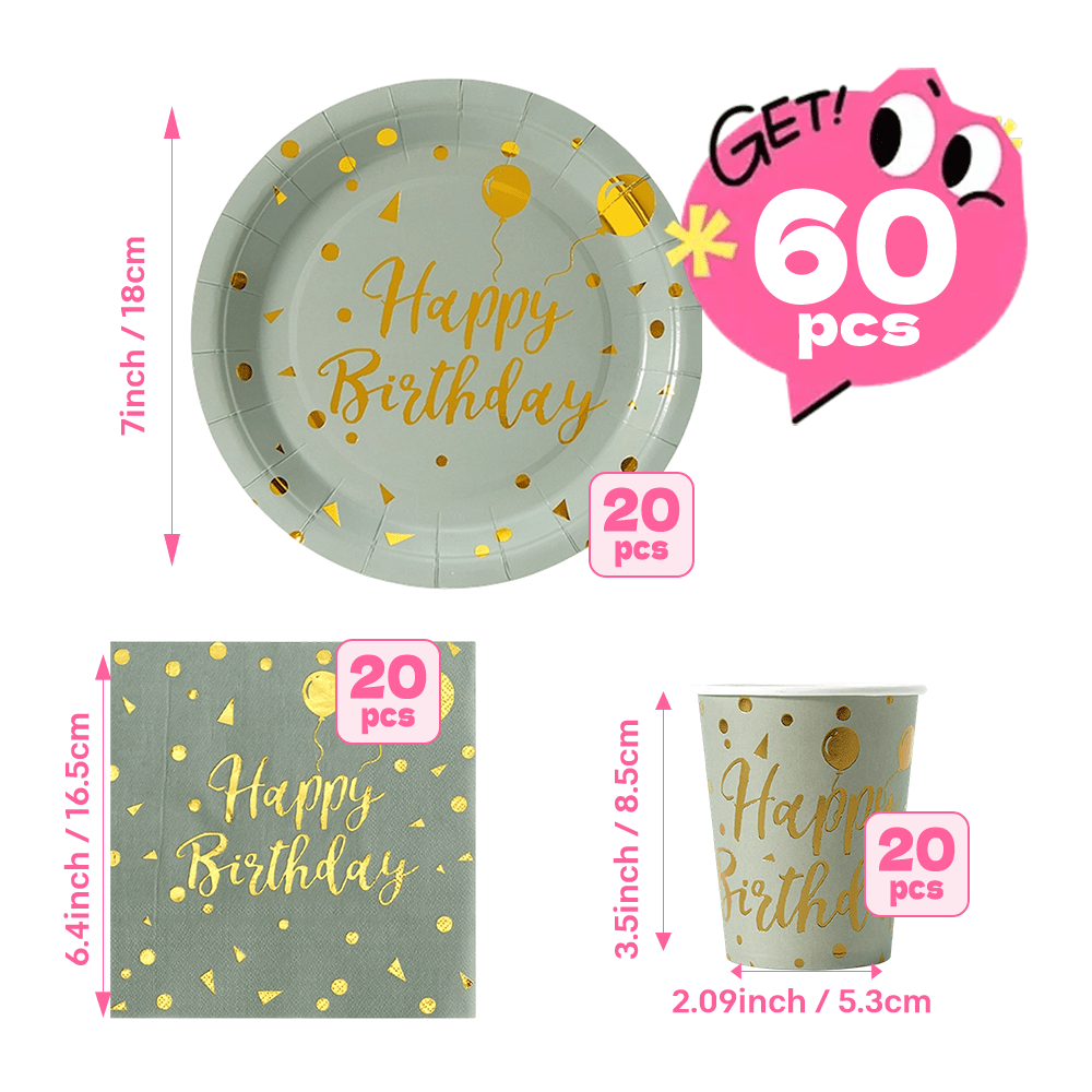 60pcs Morandi Foil Balloon Theme Disposable Party Tableware Set, 20pcs 7-inch Thickened Food Grade Paper Plates And 20pcs Paper Cups And 20pcs Napkins, And Polka Dot Print, Fresh Light