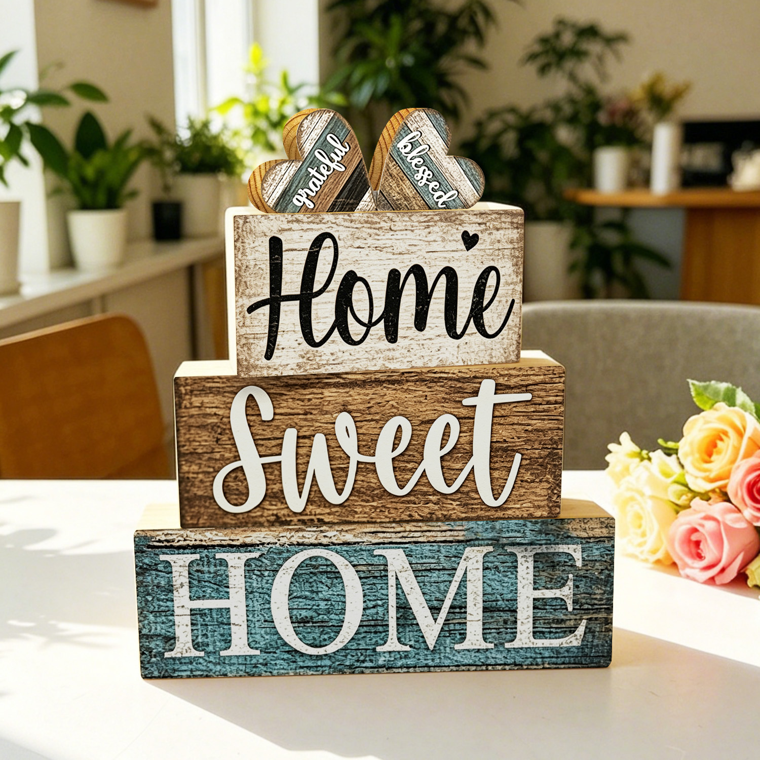 TEMU Lot de 4 décorations de table en bois « » style ferme, panneau en bois rustique avec cœurs « Grateful Blessed », pièce maîtresse pour plateau à