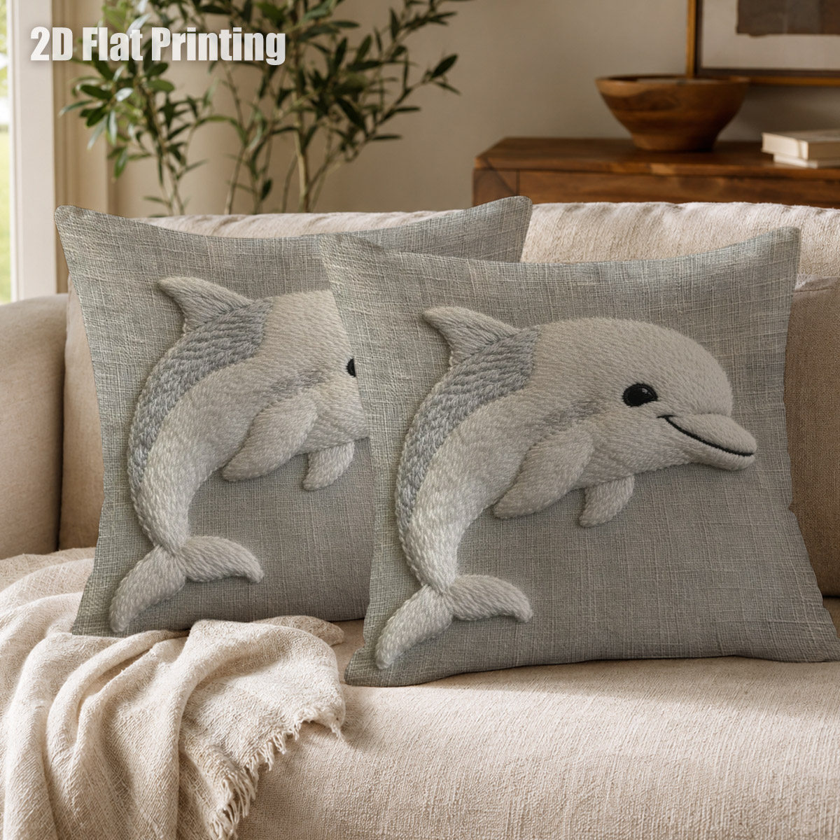 TEMU 2d Flat 2pcs Cute Dolphin Cushion Covers, Double Prints Adorable Smiling , For Nook, Stylish Bedroom Corner, Living Room Accent, For Animal
