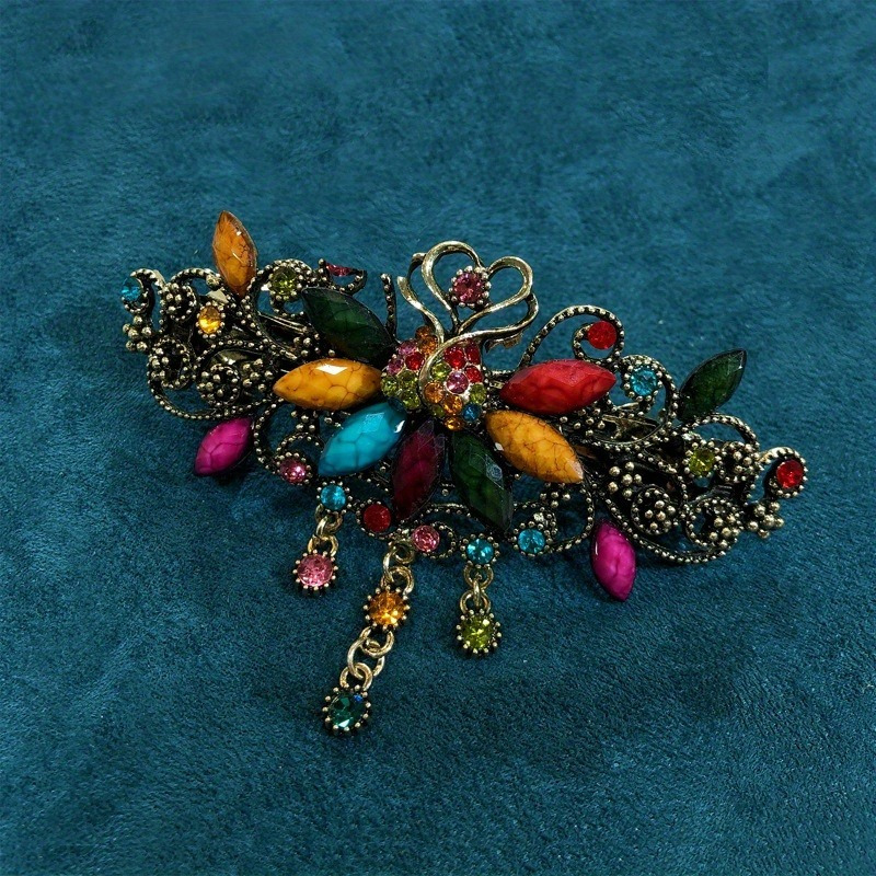 vintage floral   hair clip turquoise blue clear floral hairpin with spring clamp elegant wedding party everyday hair accessories for women retro hair clips for braids updos bangs Product details 4