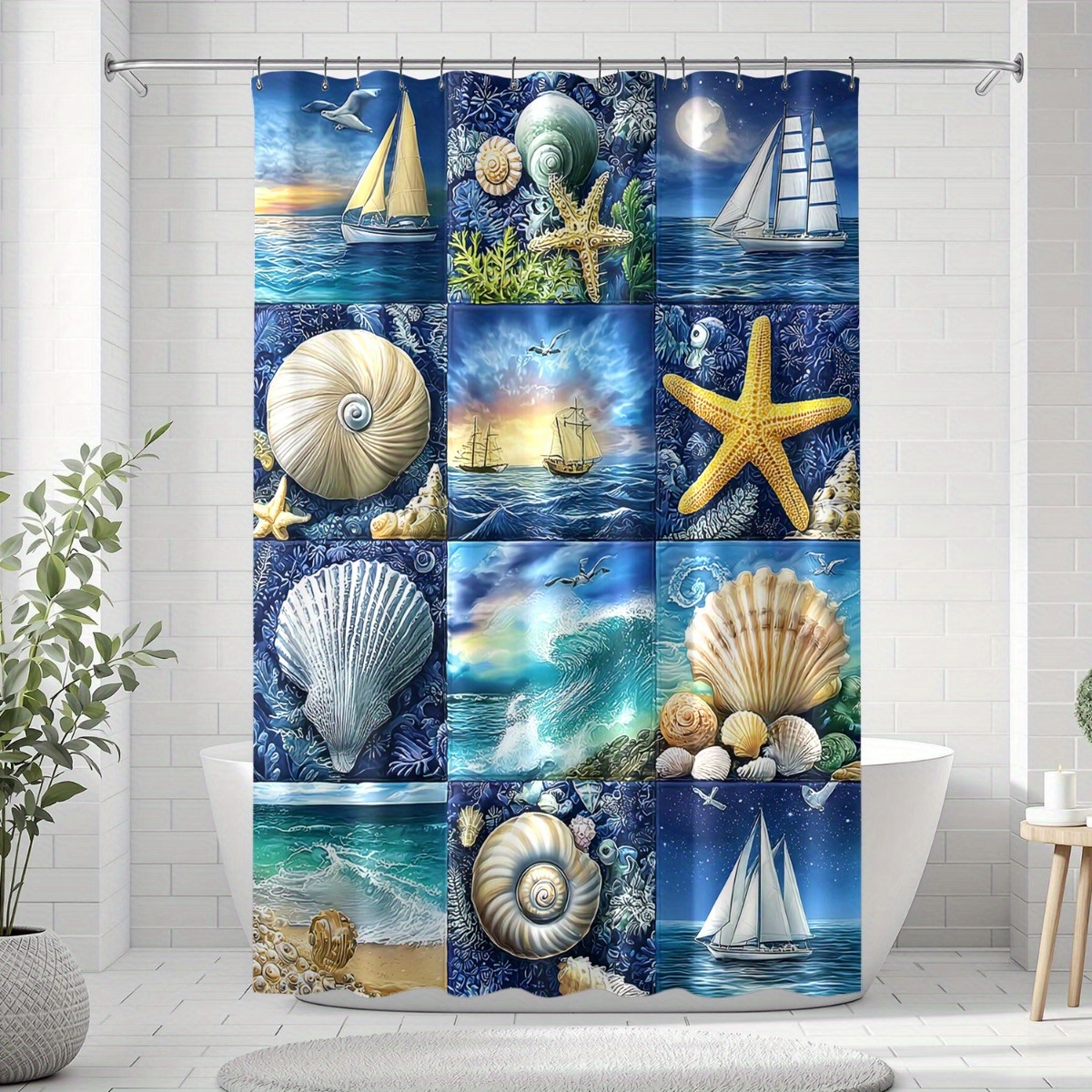 Seashells and Stars Pattern Shower Curtain Set, 4pcs