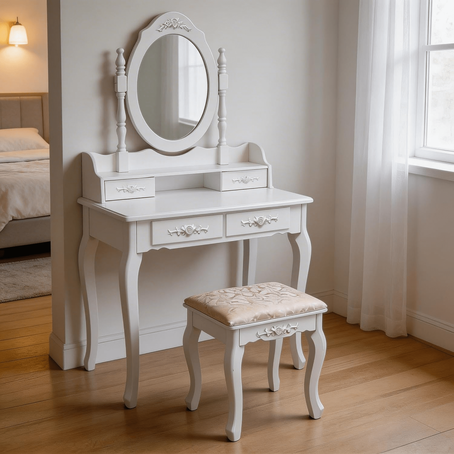 makeup dressing table with mirror and stool 4 drawers and 1 open shelf bedroom dressing table table 75 x 40 x 140cm white