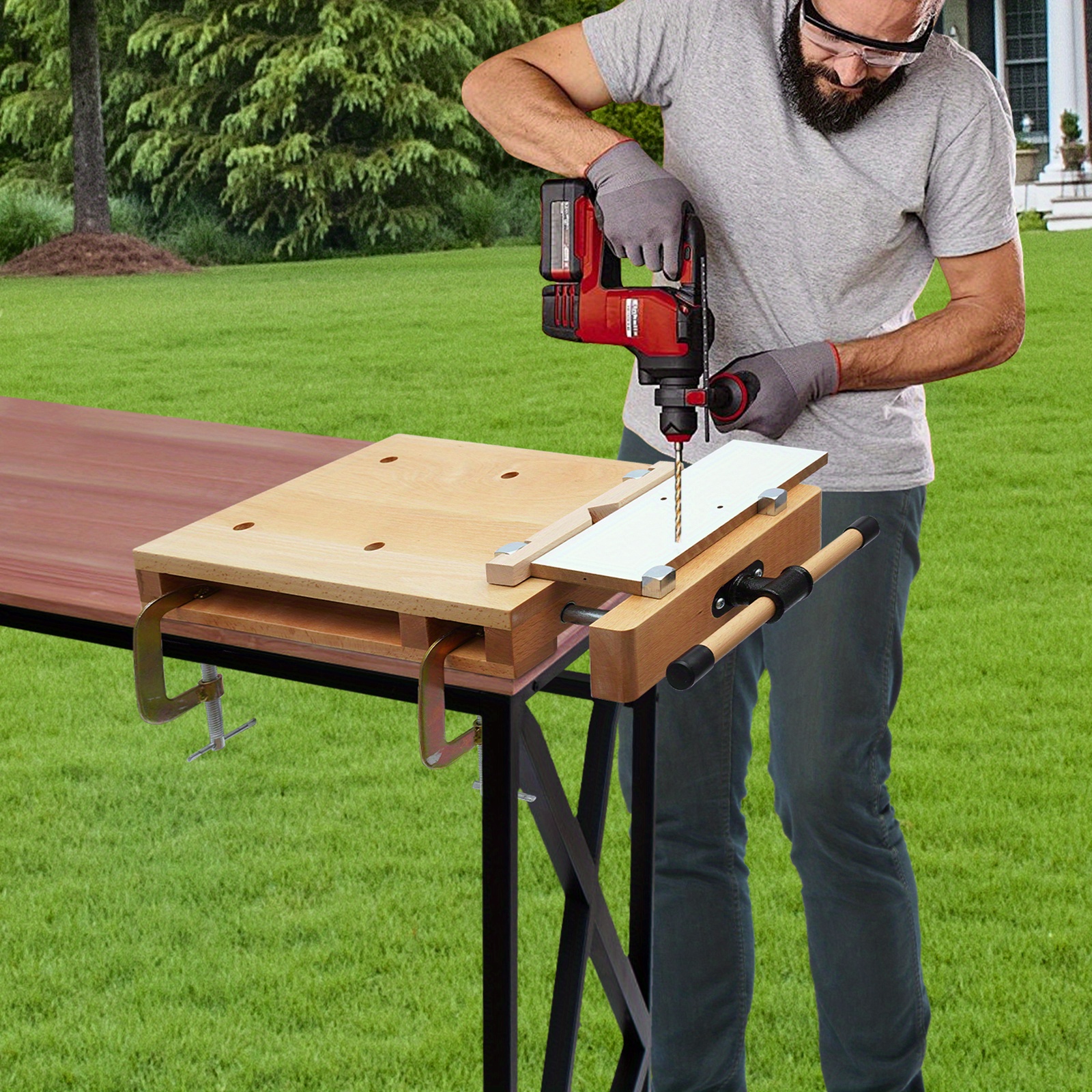 TEMU Établi de Menuiserie en Bois de Hêtre , Table de Travail en Bois, Établi de Menuiserie avec Pinces de Fixation Type G et 4 Blocs de Limite pour