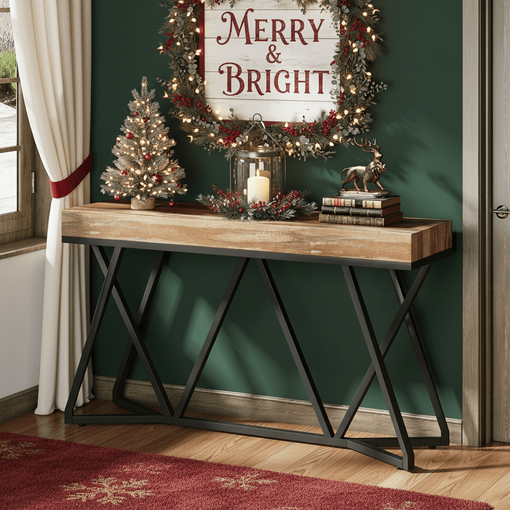55-inch Foyer Table, Farmhouse Sofa Table, Wooden Entrance Table With Unique Metal Base, Foyer Table Behind Sofa, , Living Room, Industrial Decorative Table At Entrance
