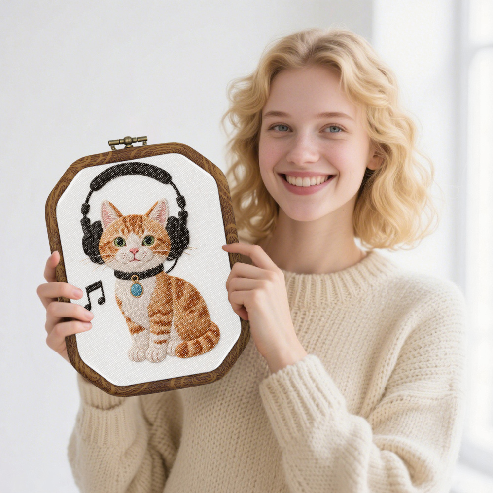 Octagon Embroidery Kit with Fluffy Kitten Design