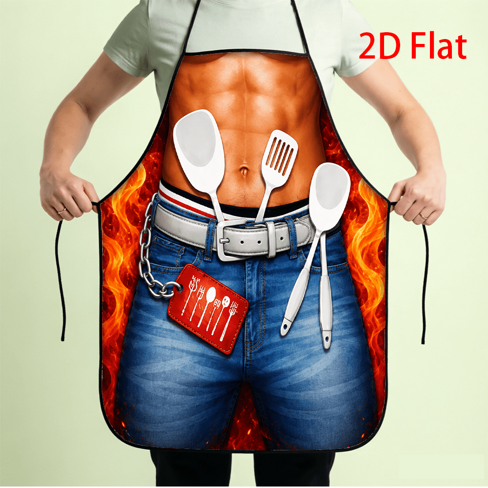 TEMU 1pc 2d Flat Printed Funny Muscle For Man Torso Apron Blue Jeans Belt With White Cooking Utensils Fire Flame Pattern Novelty Kitchen Bbq Bib, 2d