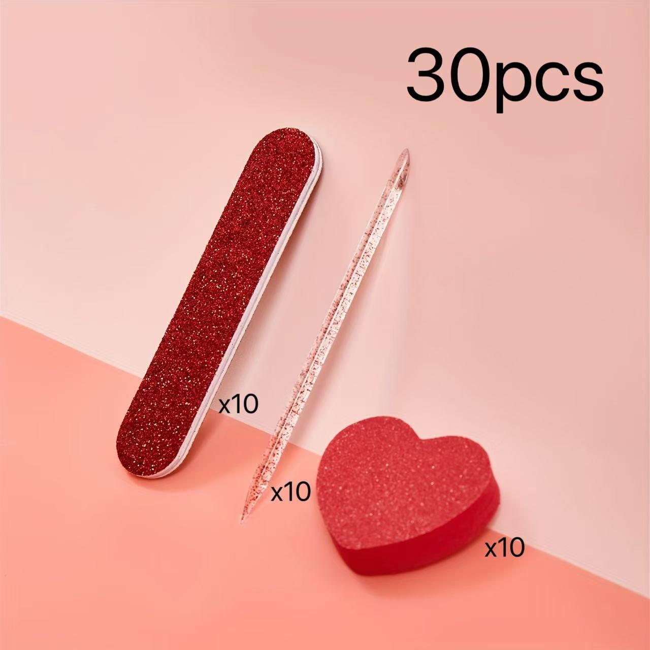 

30pcs Sparkling Red Manicure Set: Hypoallergenic Nail Care Set With Crystal Rhinestone Stick, Heart Shaped Tofu And Double-sided Scrub Board -