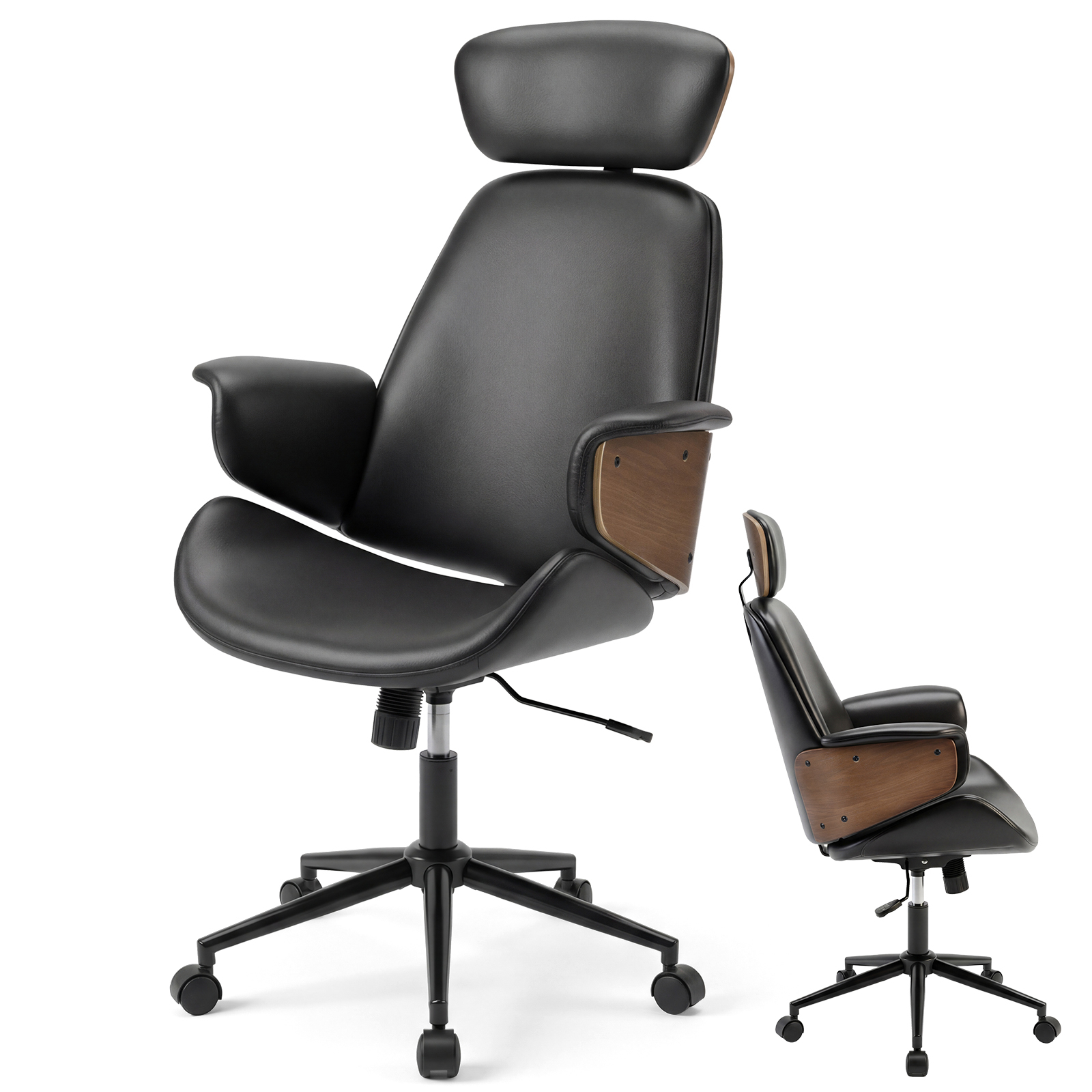 Ergonomic Office Chair, Mid-century Modern For Home Desk Chair With Headrest, Adjustable Height, And Metal Base, For Home Office And Study