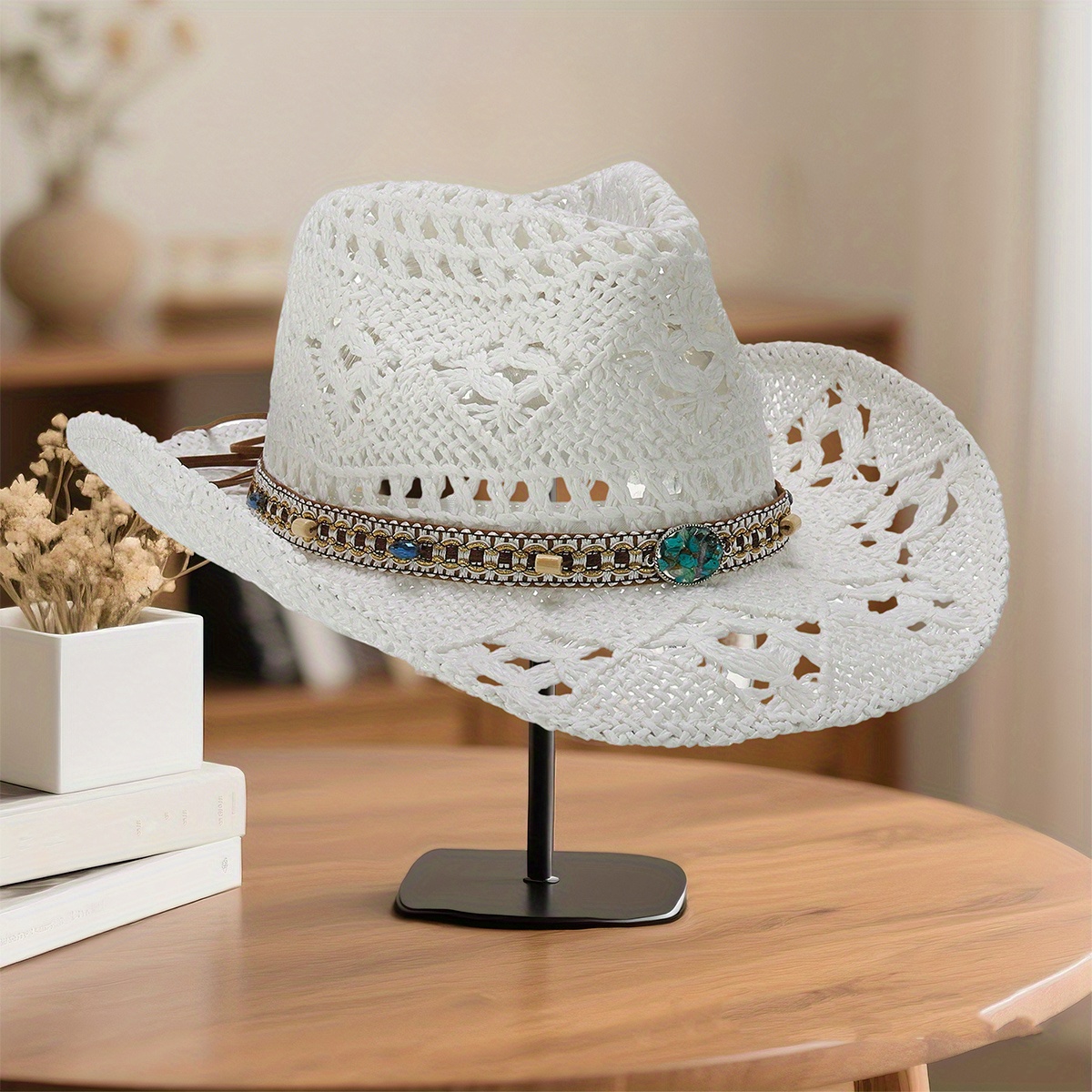 Straw Cowboy Hat with Ombre Bead Design for Summer Beach Sun Protection QWINEE Western Straw Cowboy Hat Cowgirl Hats Hollow Out  main image 2