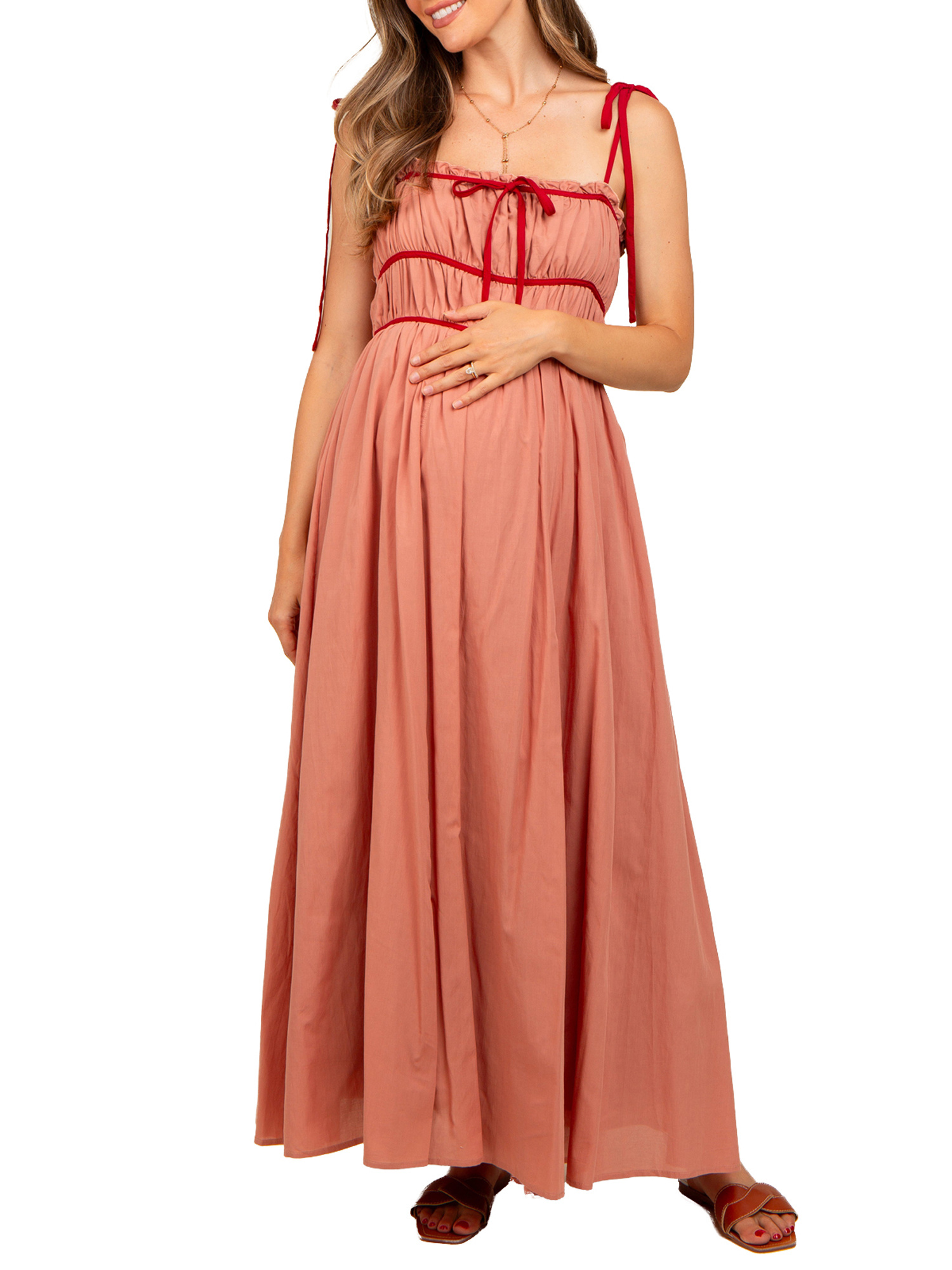 lightweight design | elegant maternity cami dress in beige with red bow  straps - backless a-line long dress, high stretch polyester, machine  washable for summer, maternity | summer fashion dress | stretch