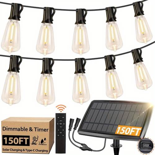 120 150ft solar string lights for outside solar powered patio lights with 52 shatterproof st38 edison bulbs remote control dimmable led solar string lights for outside
