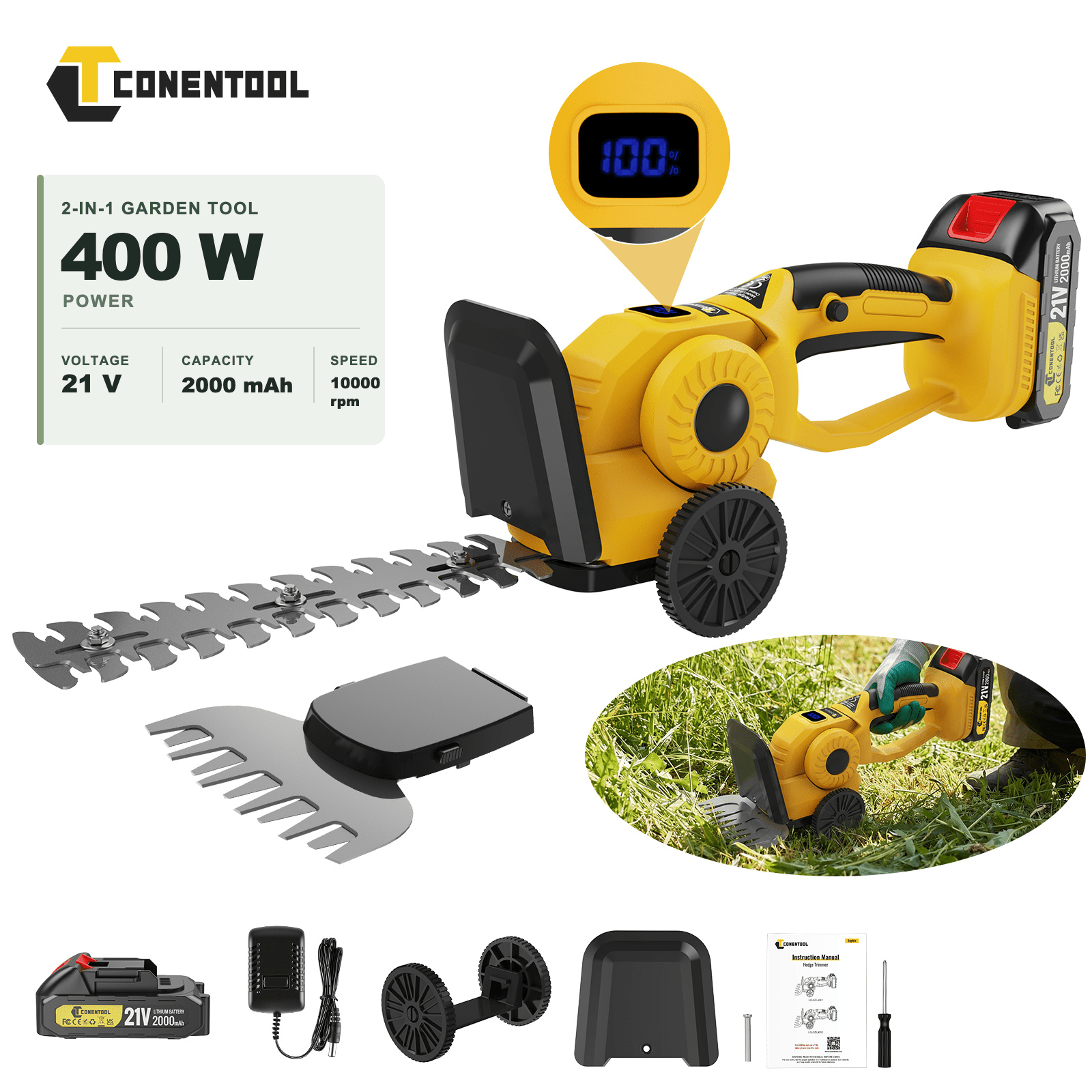 Image of 1 Tool For Lawns, Shrubs, And Garden Art - Conentool Rotating Cordless Trimmer, 2000mah Long , Lightweight Grip, Real-time Battery Display, Versatile For Outdoor And Indoor Use