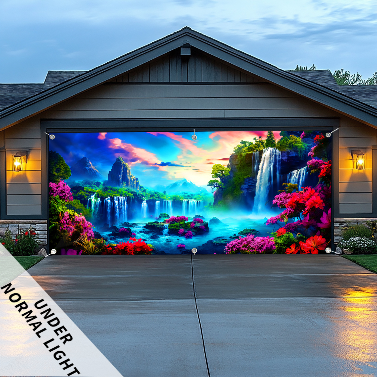 [1pc UV Floral Banner] 1pc Large UV-Activated Floral Waterfall Garage Door Banner | Fluorescent Fabric Wall Decor with Vibrant Nature & Landscape Design | No Power Needed for Parties, Photography Studios, Outdoor Events, Parties Decorations, Party Decoration, Outdoor Festive Decor, Uv Light Display