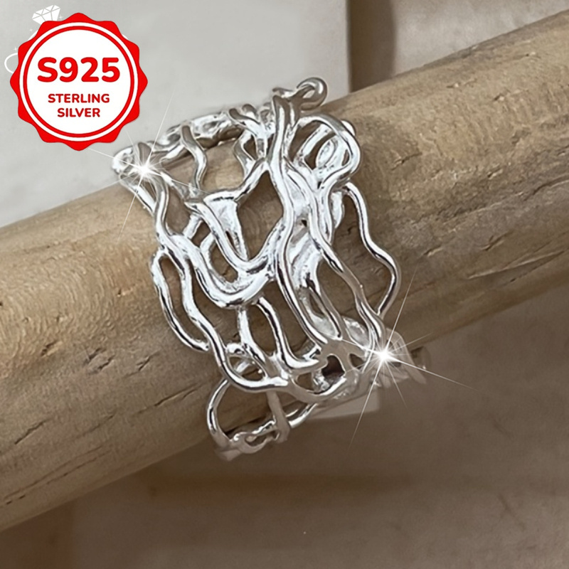 TEMU Bague ajustable en argent 925 avec un design de irrégulières, facile mais , personnalisée et créativement conçue. Convient aux couples, aux