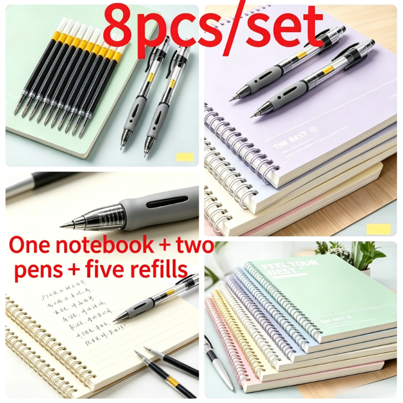 TEMU 1 A5 Spiral-bound Hardcover Notebook(random Color)+ 2 Pens+ 5 Refills. Smooth Writing Tearable Page Journal Office School Supplies