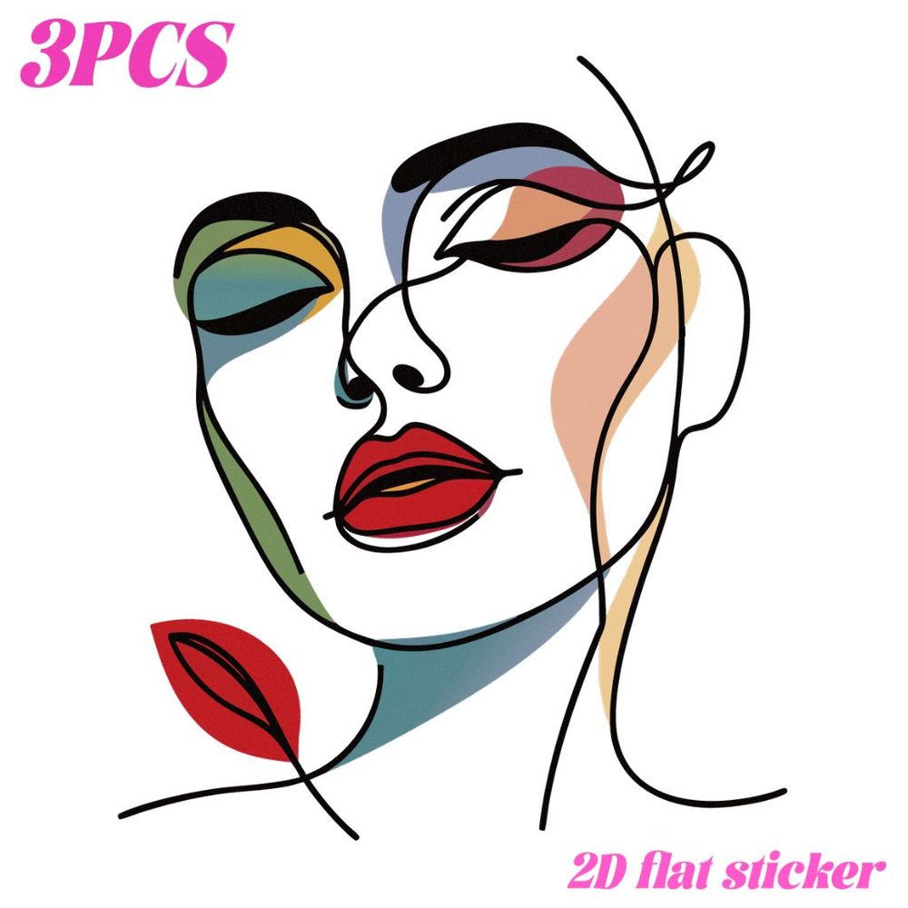 TEMU 3pcs 2d Flat Heat Transfer Stickers Abstract Art With Colorful Eyes And Red Lips, Modern Portrait Design For Diy Iron-on Transfers, Washable