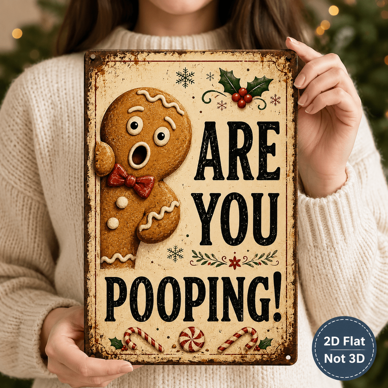 TEMU Plat 2D, Panneau Vintage Plat 2D, Lot de 1, Panneau "Êtes-vous de faire caca ?", Décoration de Noël en Pain d'Épices, Panneau Amusant pour Salle
