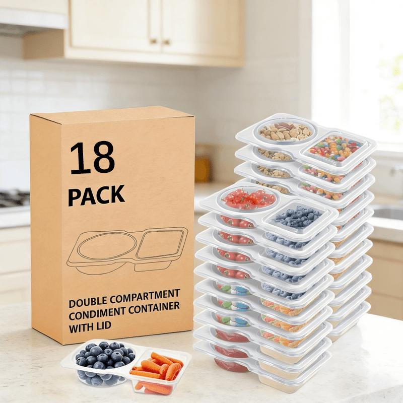 9pcs/18pcs Double Compartment Seasoning Box With Lid, Mini Plastic Snack Box, Microwave Heating, Leak Proof Food Storage Box, Portable Takeaway Food Box, Takeaway Sauce Box, Meal Preparation Box