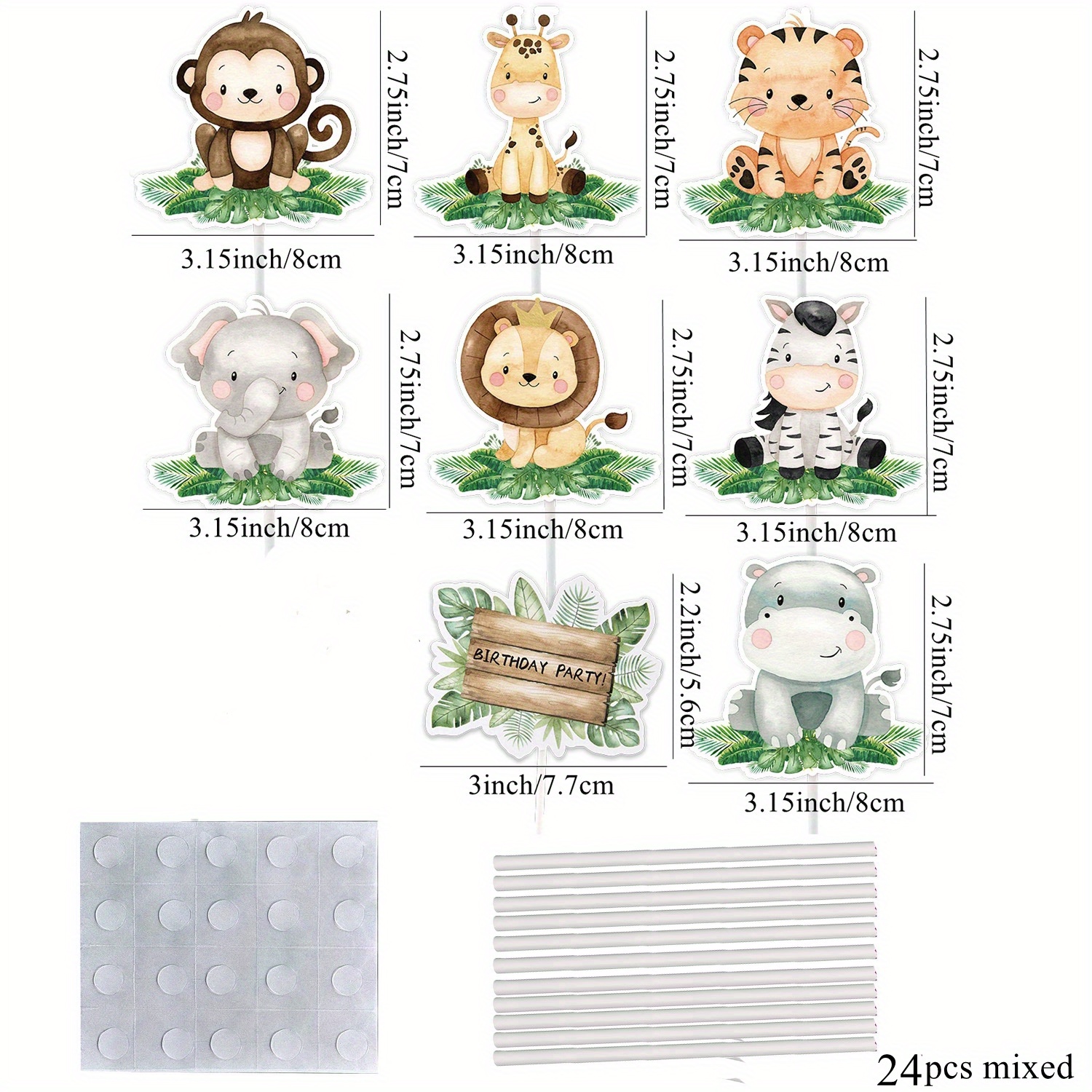 Image of 24pcs/set Wild Animal Cake Topper Cartoon Tiger/monkey/giraffe/elephant Cupcake Toppers For Jungle Forest Birthday Party Decoration Cake Supplies, Halloween, Christmas