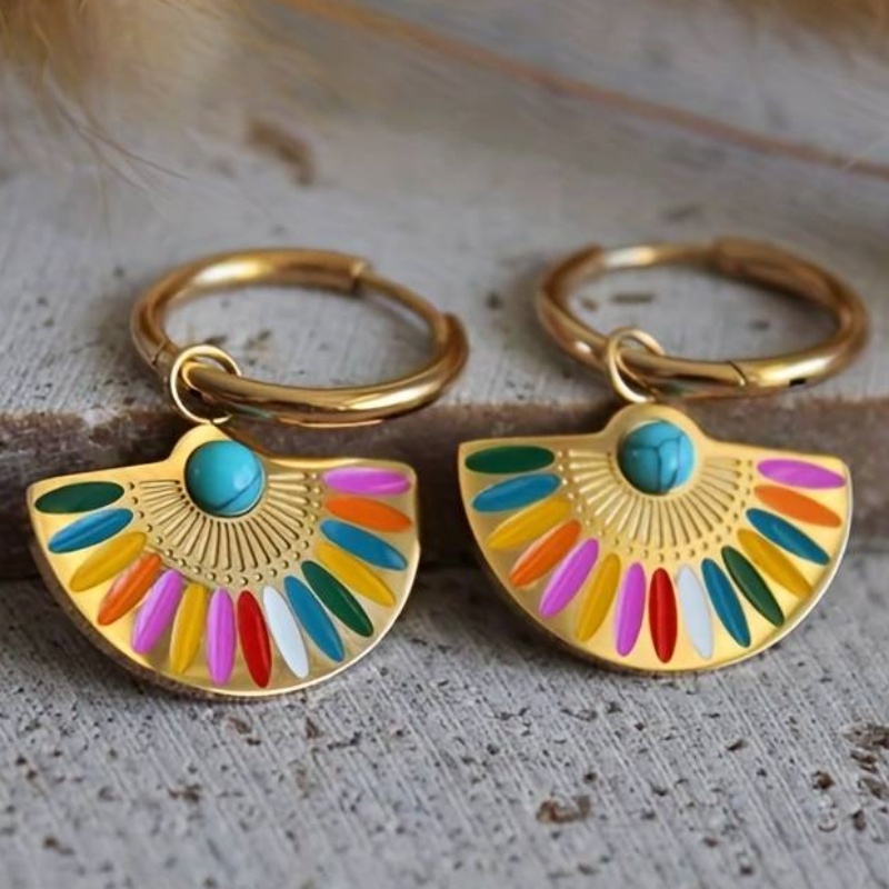 Women's Boho Golden Tone Fan Shape Hoop Drop Earrings