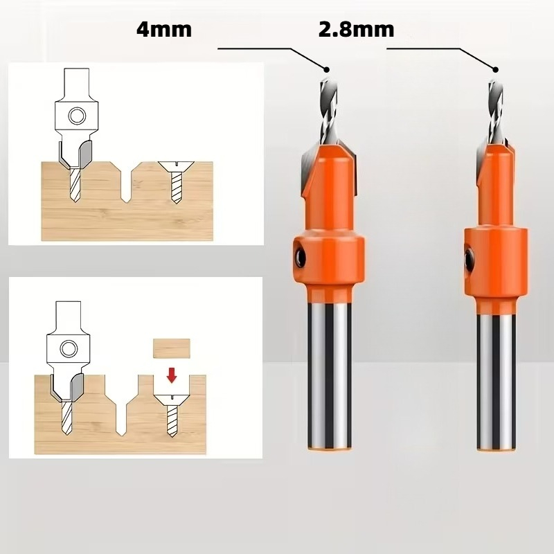 TEMU Set di punte a svasare per legno, dotato di utensili da foratura e un tassello di regolazione della dimensione, da 8 mm, dimensione ,8-4,0 mm |