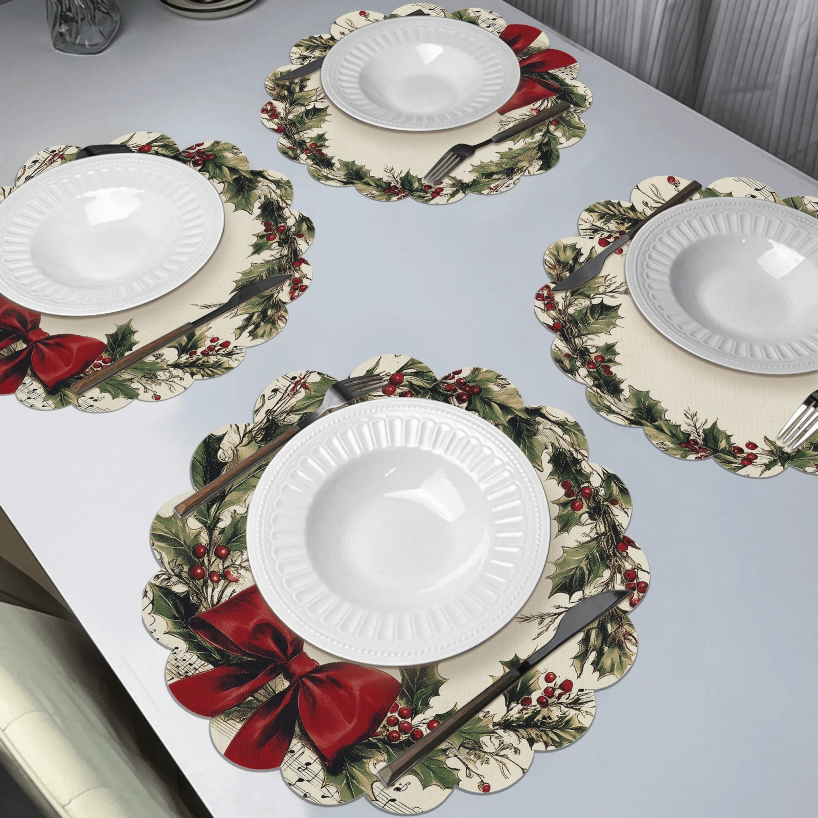 4pcs vintage wreath design round placemats with musical notes and red bow non slip machine washable polyester table mats for christmas   banquet and party dining decor Product details 5