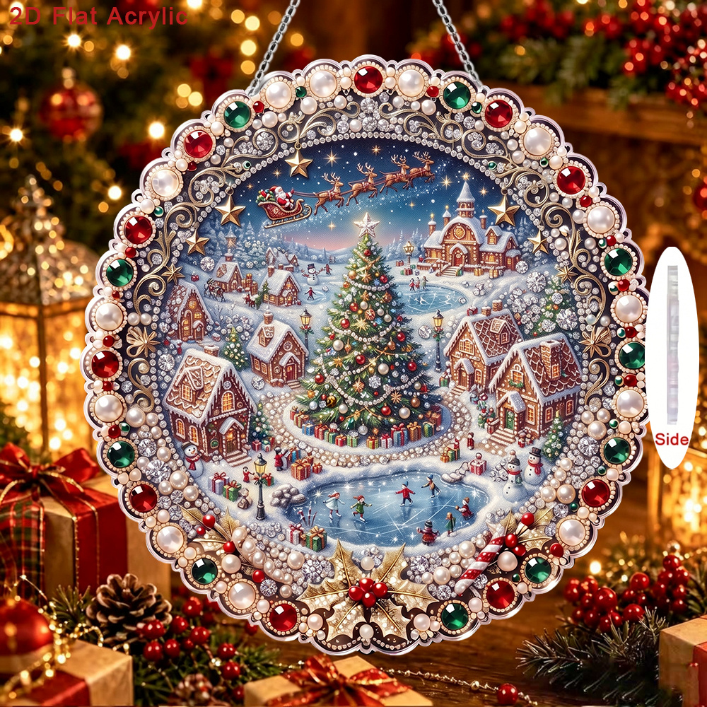 TEMU 2d Flat - 2d/flat Printing New Wavy Round Acrylic Pearl Drill Pendant Kit Featuring Christmas Snowy Town Pattern, Includes Drill Tool And Pearl