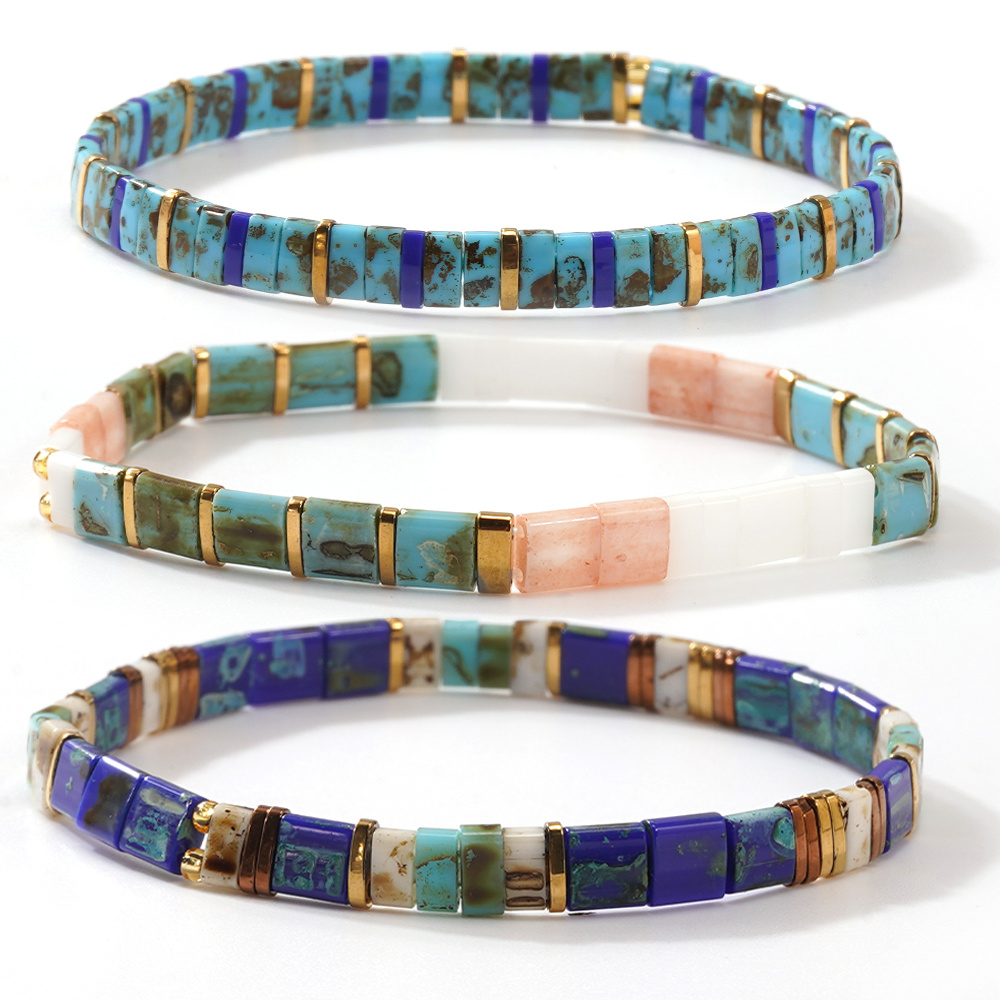 TEMU 3pcs Women's Fashion Bracelet Set, Bohemian Style Handmade Glass Bead Bracelets, Stackable Vacation Tl Bangles, Unisex Fashion Jewelry, Suitable