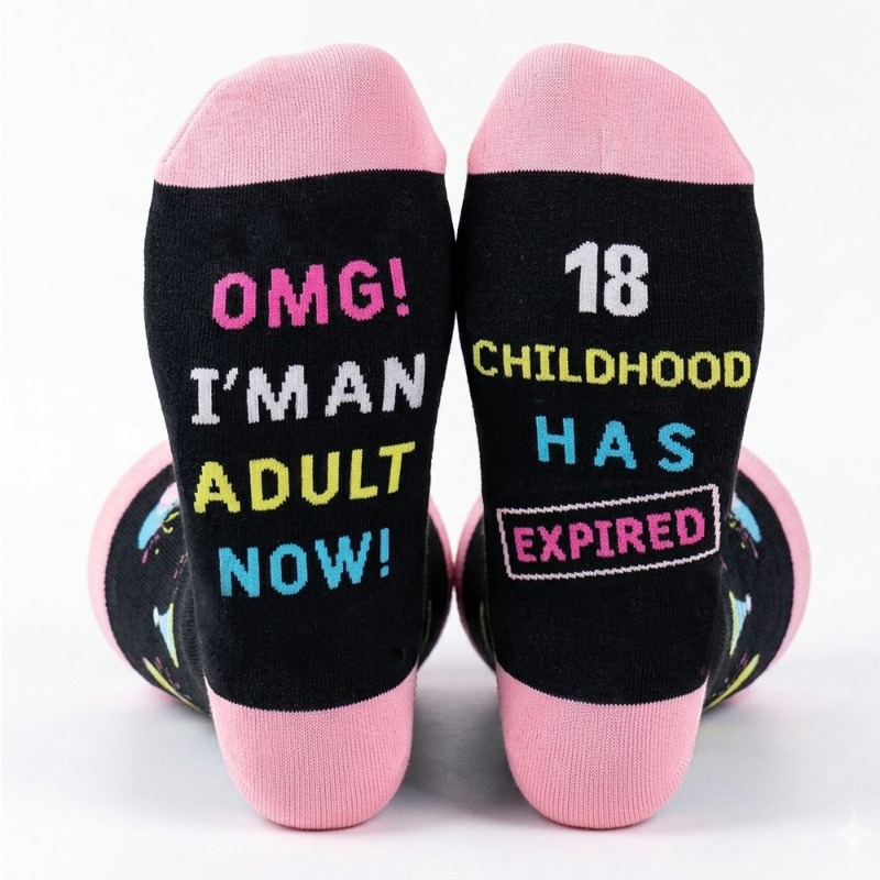 TEMU 1 Paire de Chaussettes d'Anniversaire 18 Ans pour Hommes et Femmes, Chaussettes Amusantes "OMG DEVENU UN ADULTE" Noires et Roses, Niveau 18