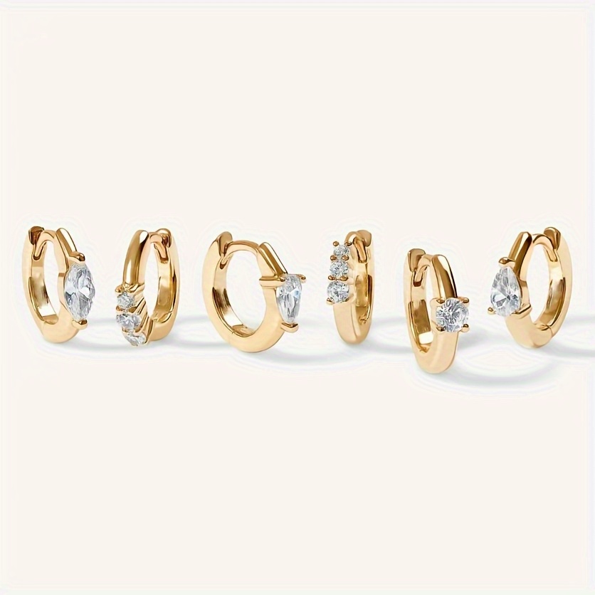 TEMU 6pcs Elegant Synthetic Zirconia Earring Set - Unique Asymmetrical Hoop & Dangle Design, Copper, Perfect For Daily Wear & Gifting, Everyday